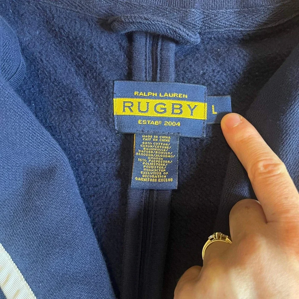 Ralph Lauren Rugby Mens Navy Fleece Blazer Crest Patch Preppy Ivy Jacket Large